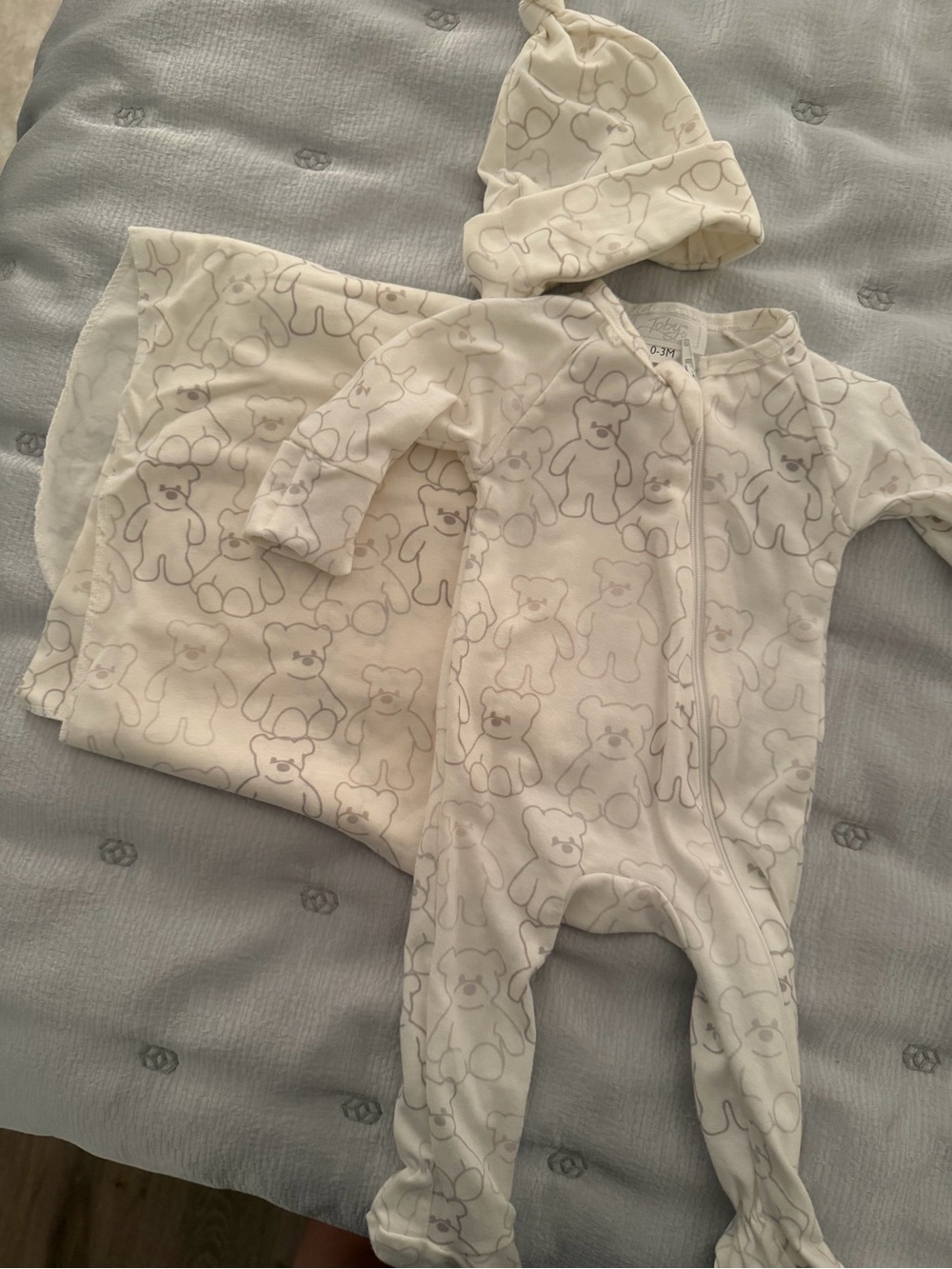 TOBY Neutral Teddy Print Baby One-Piece with Hat and Blanket